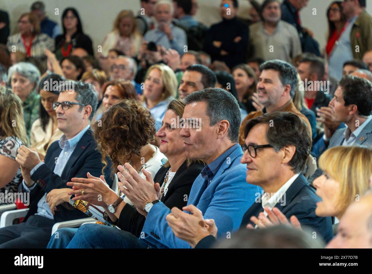 The PSOE carries out the first campaign event for the European elections in Barcelona, to celebrate the results of the past elections on Sunday the 12th, where the PSC, the Catalan branch of the PSOE, won the elections. El PSOE realiza el primer acto de campaña de las elecciones europeas en Barcelona, para celebrar los resultados de las pasadas elecciones del domingo 12, donde el PSC, la rama catalana del PSOE, ganó las elecciones. in the pic:pedro sanchez, salvador illa, teresa ribera saturday, may 18, 2024 (Photo by Eric Renom/LaPresse) Credit: LaPresse/Alamy Live News Stock Photo