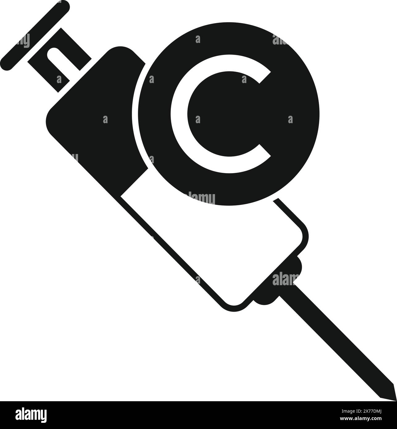 Black and white icon depicting a syringe with a copyright symbol, illustrating intellectual property protection Stock Vector