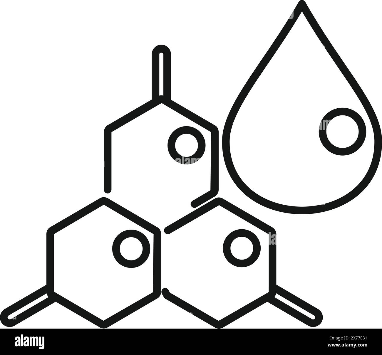 Black and white line art illustration of honeycomb cells with a water drop Stock Vector