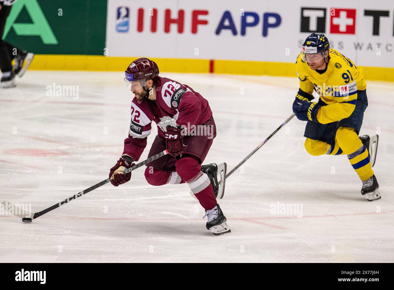 Ostrava, Czech Republic. 18th May, 2024. Janis Jaks of Latvia, left, and Carl Grundstrom of Sweden in action during the 2024 IIHF World Championship group B match Latvia vs Sweden in Ostrava, Czech Republic, May 18, 2024. Credit: Vladimir Prycek/CTK Photo/Alamy Live News Stock Photo
