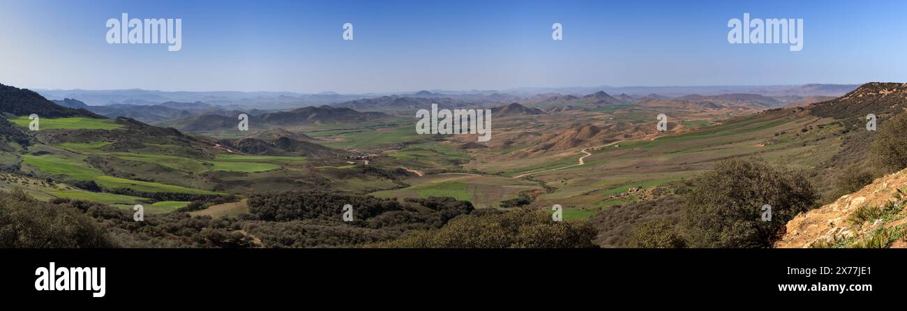 panorama landscape view of the Tigrigra Plain and Ito Scenic Viewpoint in northern Morocco in the springtime Stock Photo