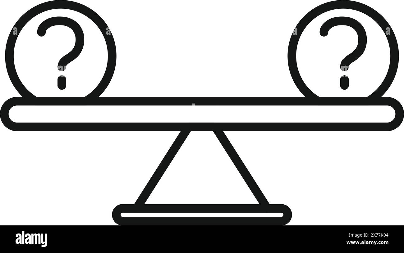Black and white vector of a balance scale with question marks, symbolizing decision making or uncertainty Stock Vector