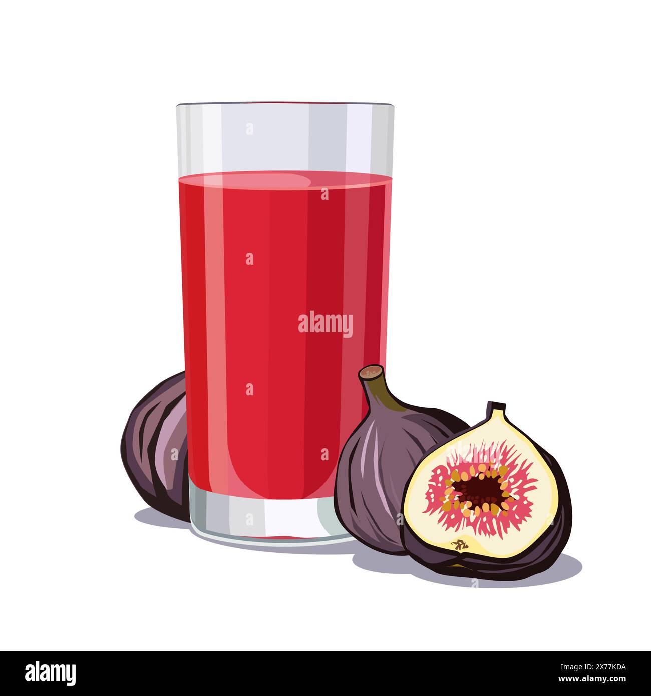 Full glass of red freshly and healthy squeezed figs juice isolated on white background. Vector illustration in flat style with dietary drink. Summer c Stock Vector