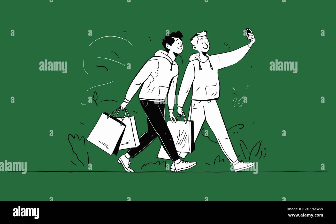 Two boys walking with shopping bags and taking selfie. A clean and modern flat design illustration. Stock Vector