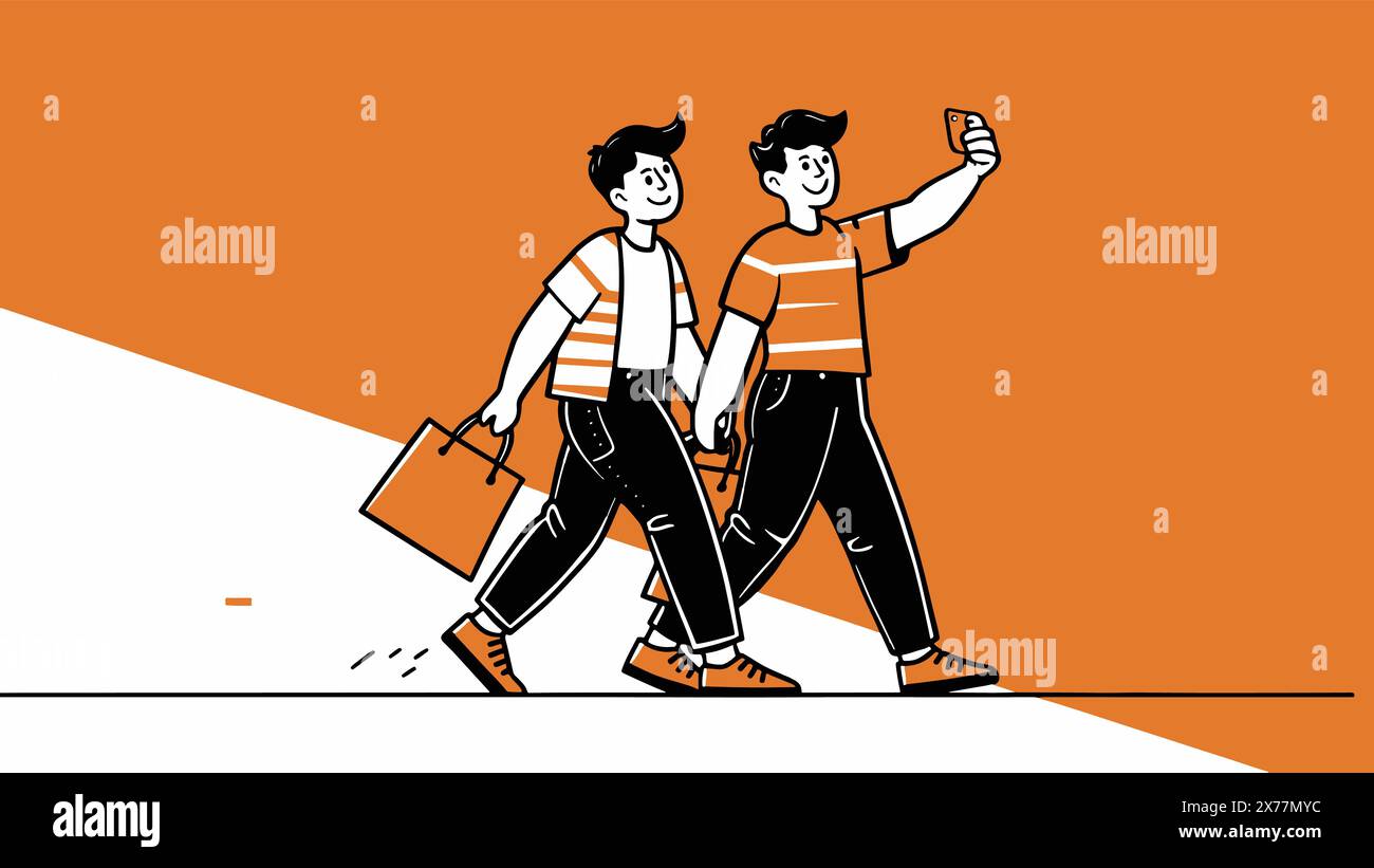 Two boys walking with shopping bags and taking selfie. A clean and modern flat design illustration. Stock Vector