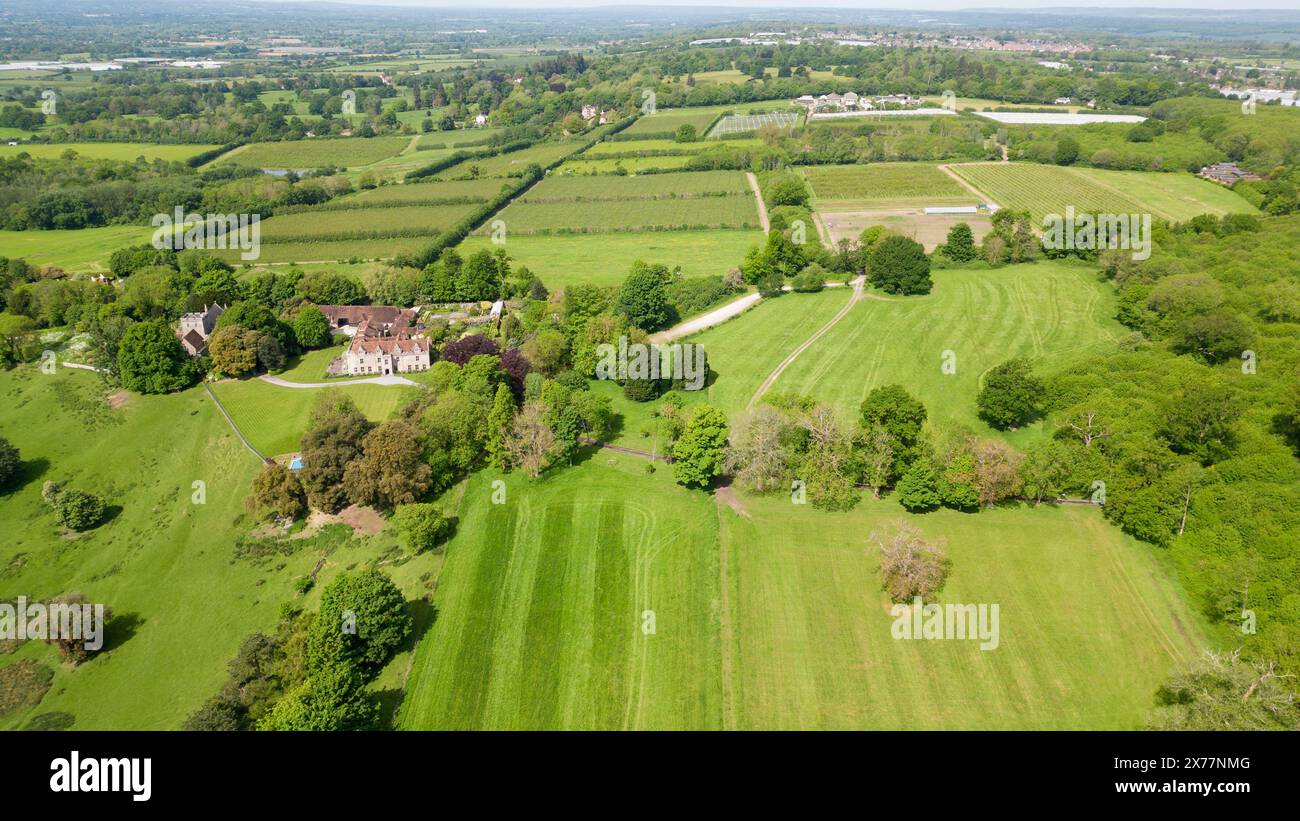 Aerial view of the Weald of Kent near the village of Boughton Monchelsea, Maidstone, Kent, UK. Boughton Monchelsea Place, (left centre) Stock Photo