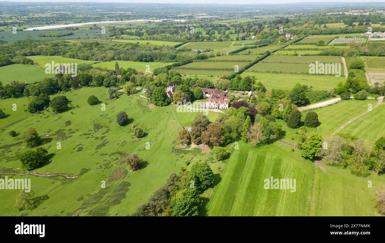Aerial view of the Weald of Kent near the village of Boughton Monchelsea, Maidstone, Kent, UK. Boughton Monchelsea Place and St Peter's Church (centre Stock Photo