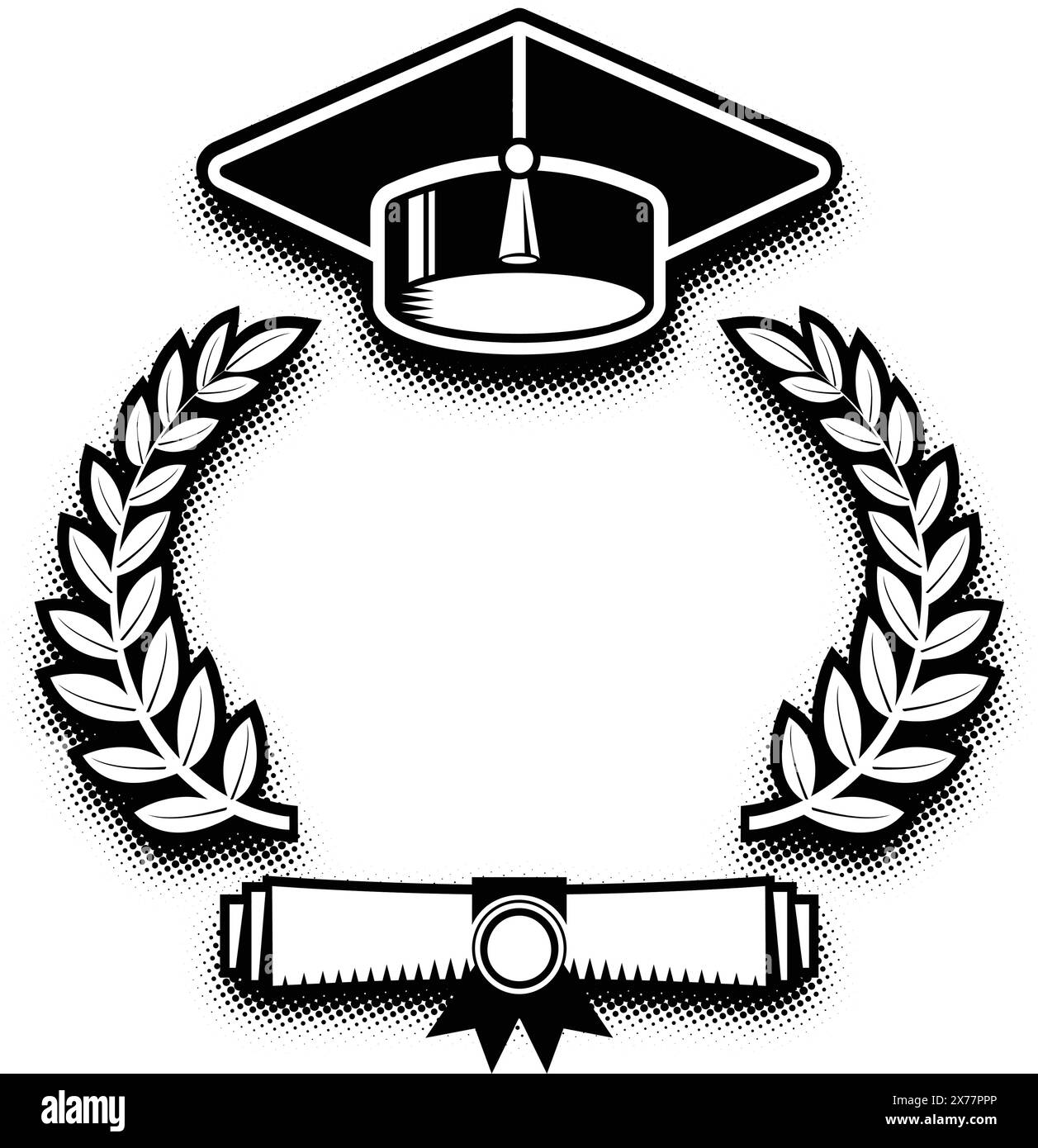 Graduation cap, laurel wreath and certificate scroll. Template for graduation design, congratulation event, T-shirt, party, high school or college gra Stock Vector