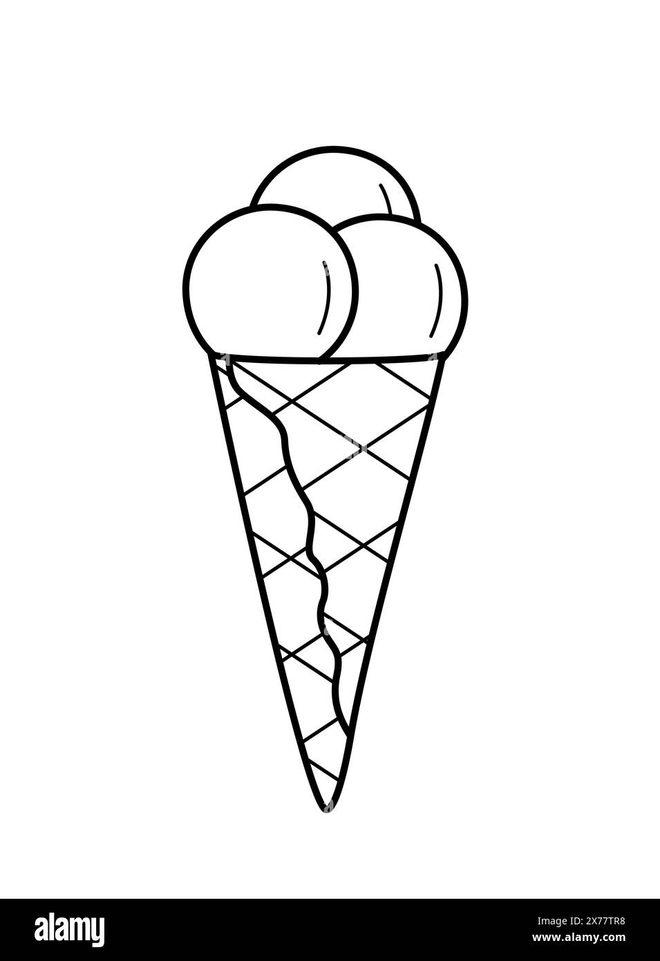 Cartoon ice cream in waffle cups cone. Vector doodle illustration of a summer dessert sketch. Single sketch isolate on white. Stock Photo