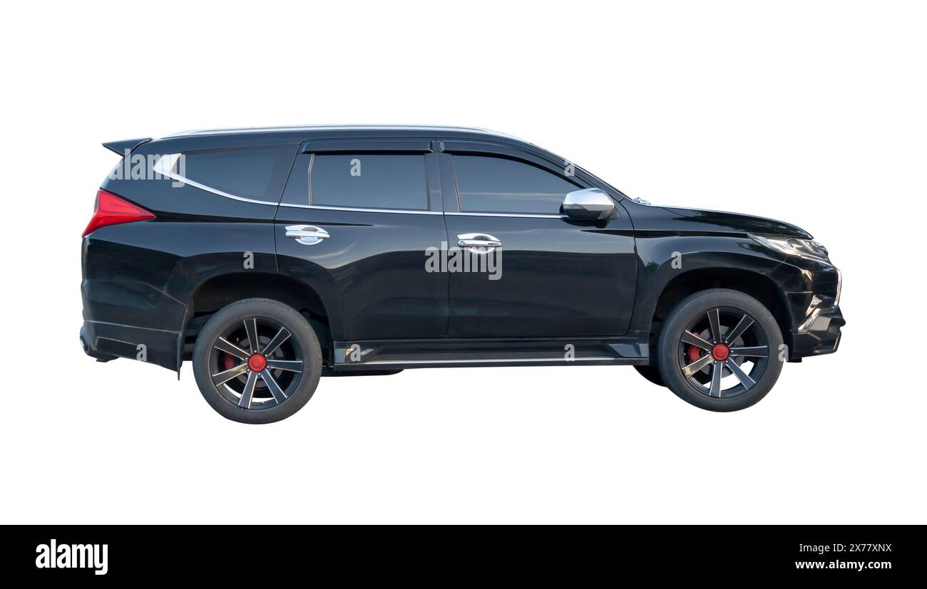 Side view of black SUV car is isolated on white background with clipping path. Stock Photo