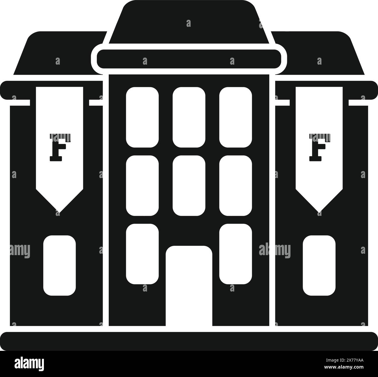 Black and white vector icon of a traditional fire station with f ...