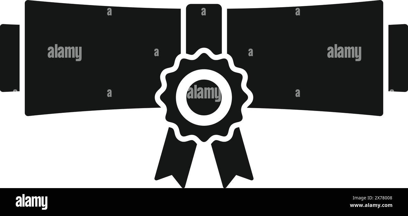 Flat black and white icon of a diploma with an award ribbon Stock Vector