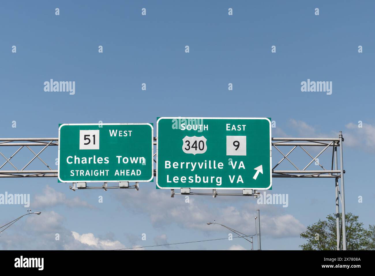 exit sign in Charles Town, West Virginia for WV-51 West toward Charles Town,  US-340 South and WV-9 toward Berryville, Virginia and Leesburg, Virginia Stock Photo