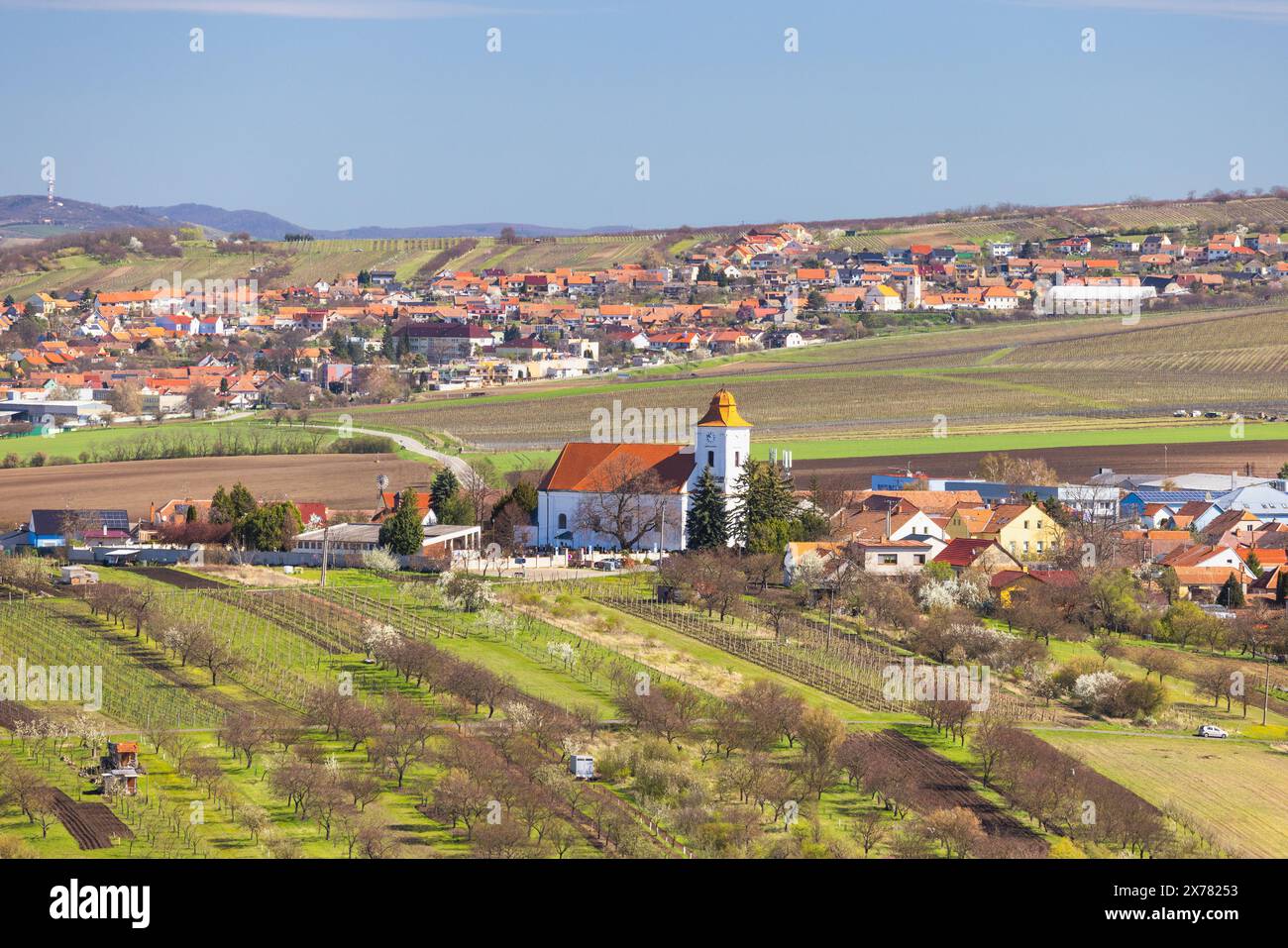 View of Boretice village from The Slunecna lookout tower near Velke Pavlovice in wine region of South Moravia, Czech Republic, Europe. Stock Photo