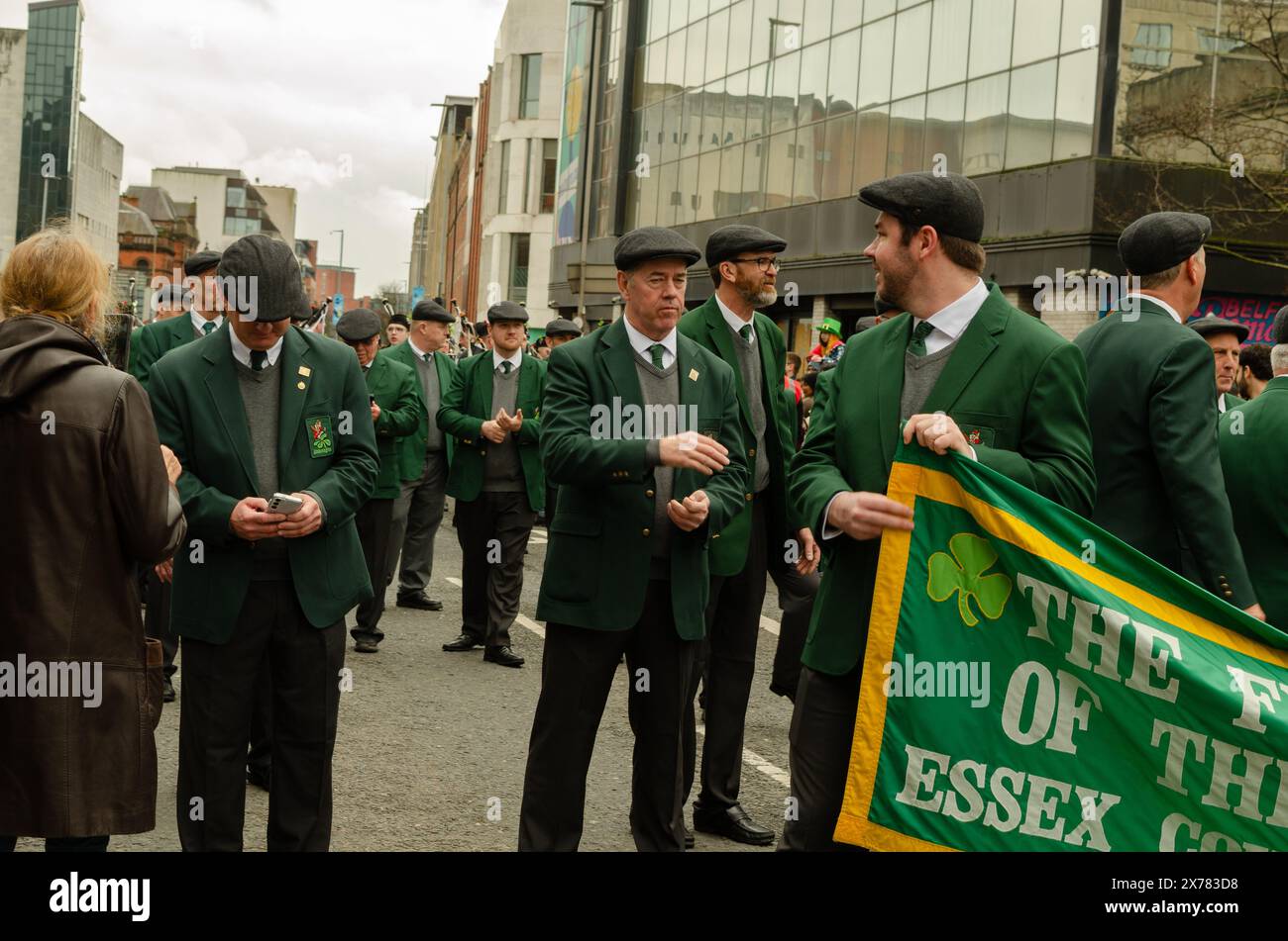 Belfast, County Antrim, Northern Ireland March 17 2024 - Men of the Friendly sons of the Shillelagh New Jersey in St Patrick's parade Belfast Stock Photo