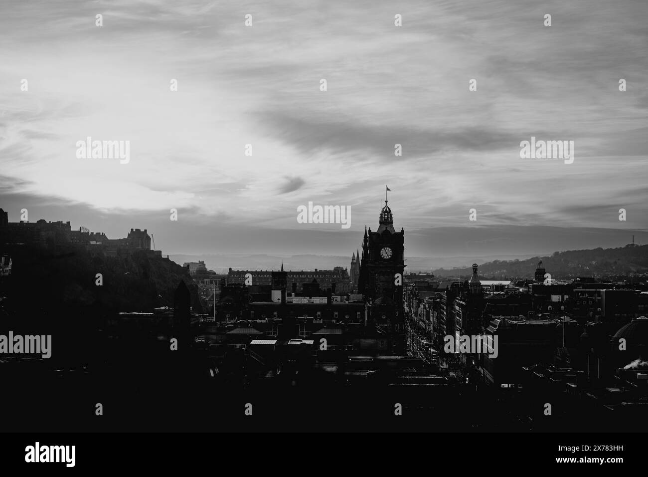 Edinburgh City Skyline moody black and white Stock Photo