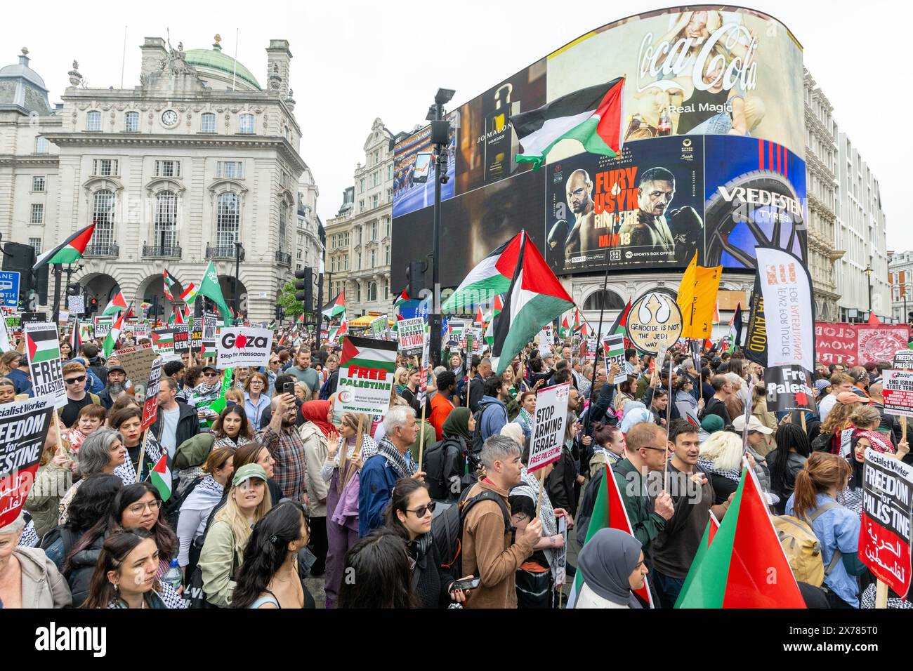 London, UK, 18 May, 2024. Pro Palestinian protesters walk past a Pro-Israel demonstration organised by group Enough Is Enough in Central London as the conflict between Palestinians and Israelis continues. Stock Photo