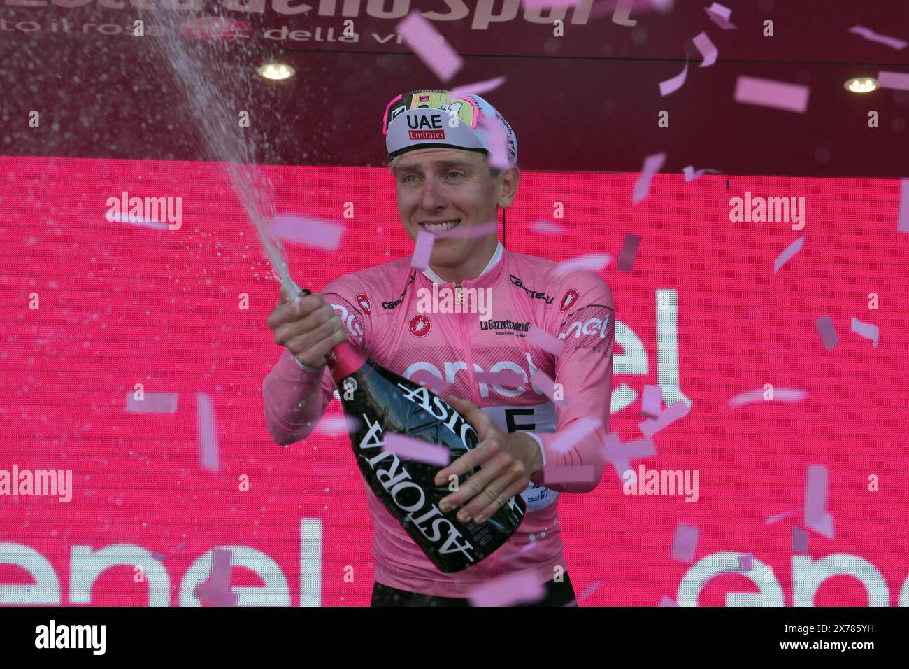 Tadej Pogacar (UAE Team Emirates) Pink Jersey on the podium the stage ...