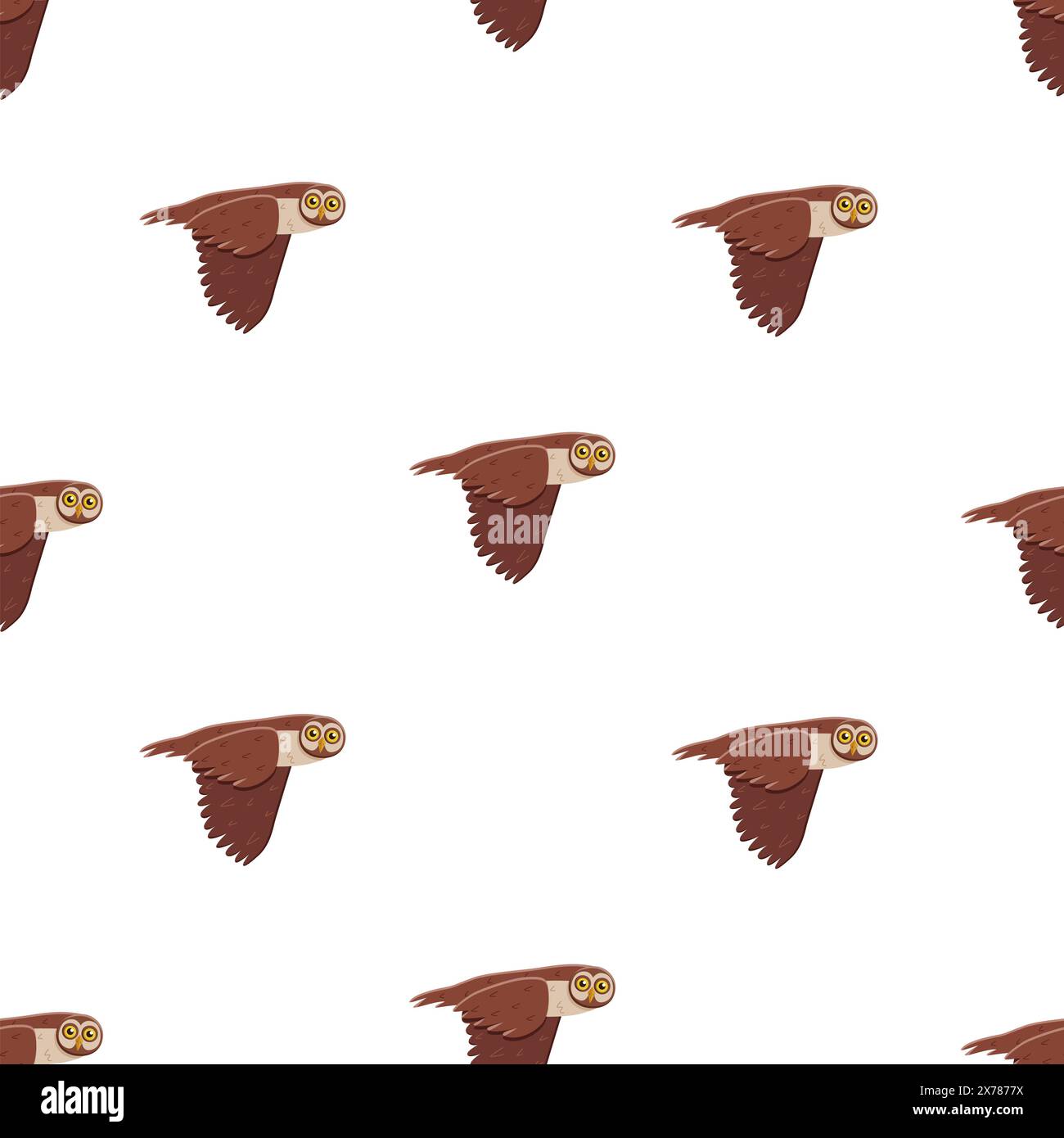 Seamless pattern cute funny owl with tilted leaned head in flight
