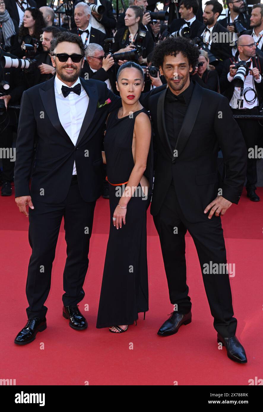 James Franco, Elise Tilloloy and Tomer Sisley attend the Emilia Perez premiere during the 77th Cannes Film Festival in Cannes, France. Picture date: Saturday May 18, 2024. Stock Photo