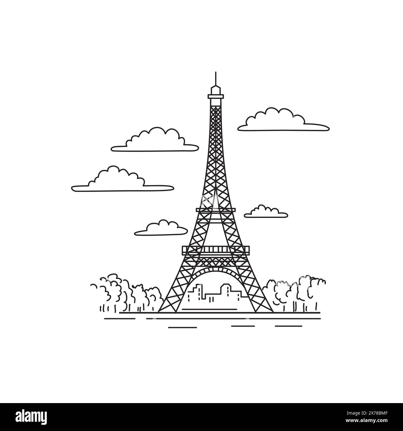 Mono line illustration of Eiffel Tower or Tour Eiffel on the Champ de Mars in Paris, France done in monoline line art black and white style. Stock Vector