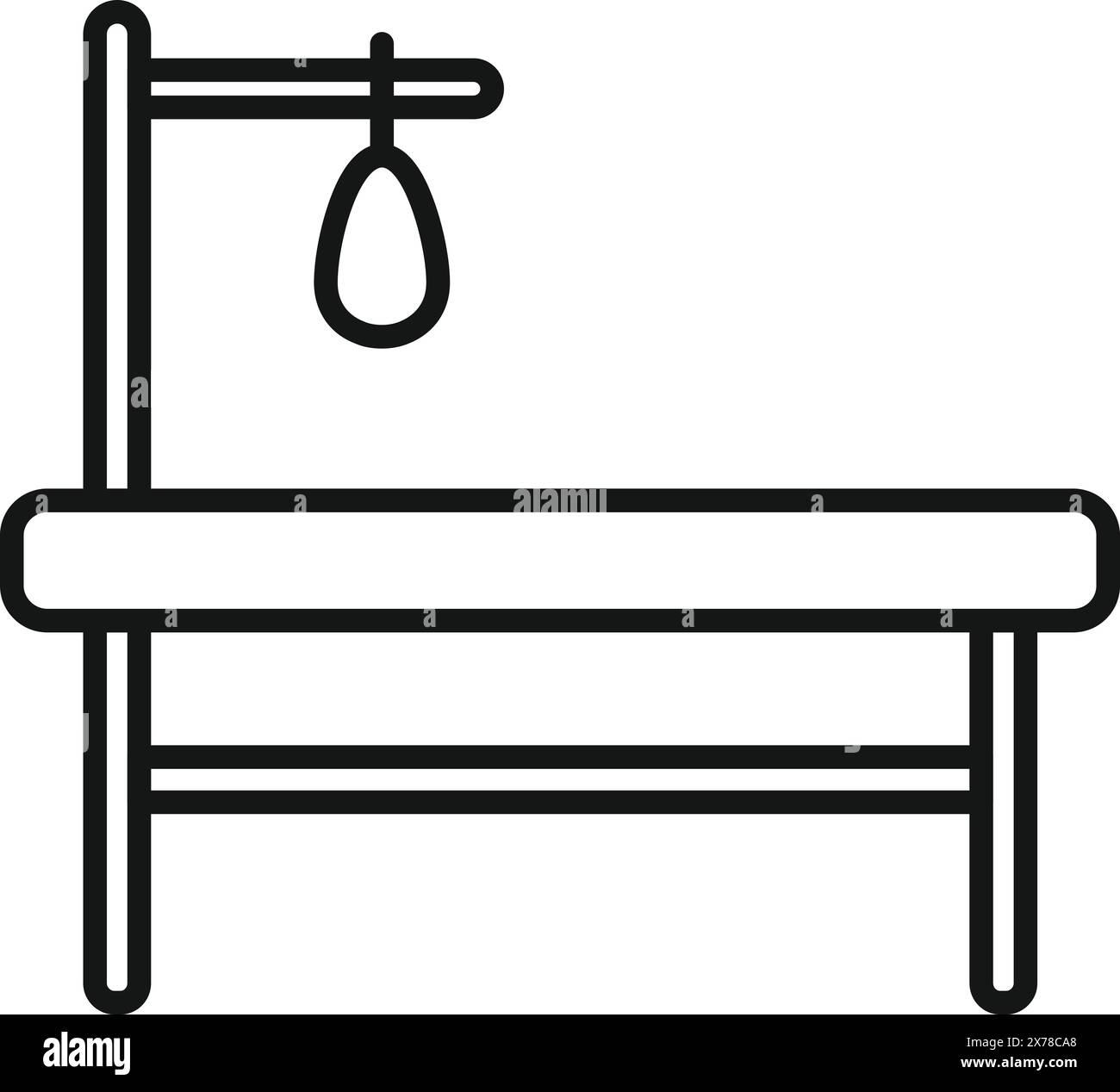 Minimalist gallows icon design with simple black and white illustration of hanging noose, representing capital punishment and historical judicial system, in a monochrome vector outline silhouette Stock Vector