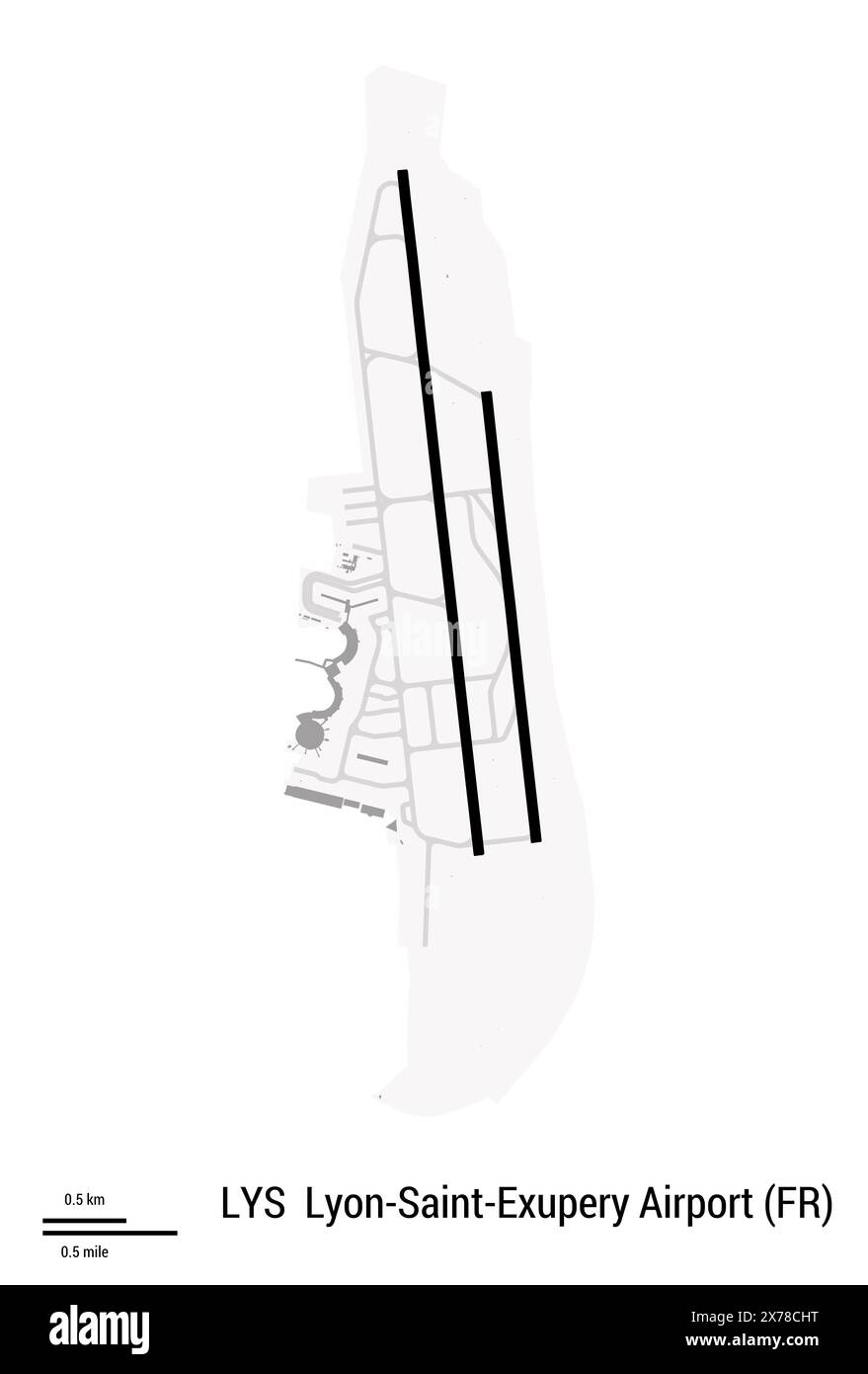 Map of LyonSaintExupery Airport (France). IATAcode LYS. Airport diagram with runways