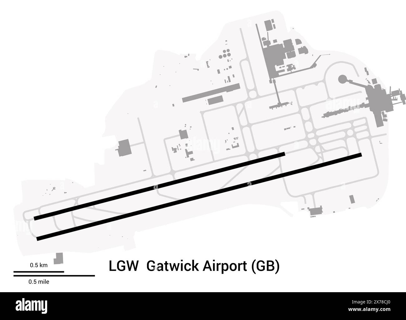 Map of Gatwick Airport (United Kingdom). IATA code LGW. Airport diagram with runways, taxiways