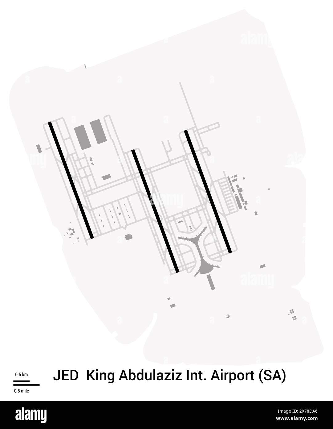 Map of King Abdulaziz International Airport in Jeddah (Saudi Arabia). IATA-code: JED. Map Data from OpenStreetMap Stock Photo