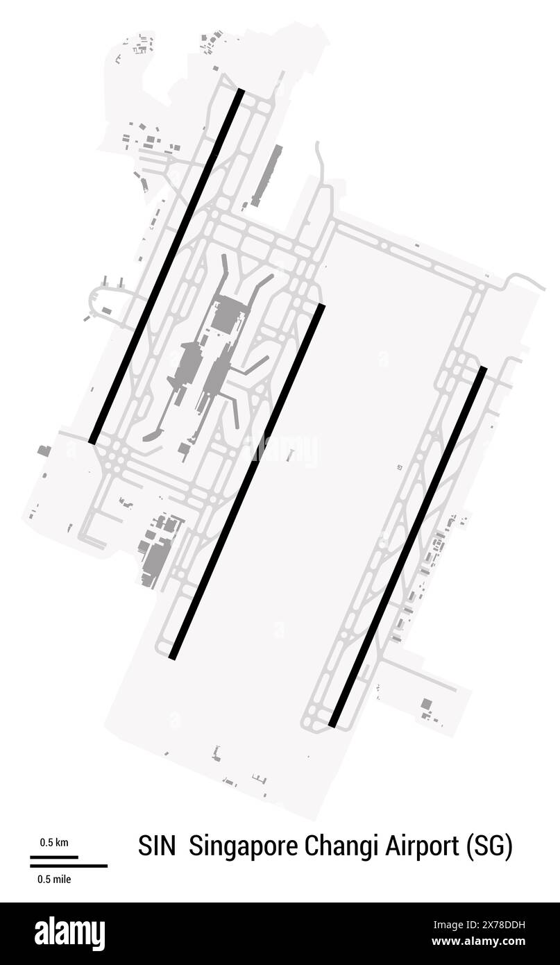Map of Singapore Changi Airport (Singapore). IATAcode SIN. Airport diagram with runways