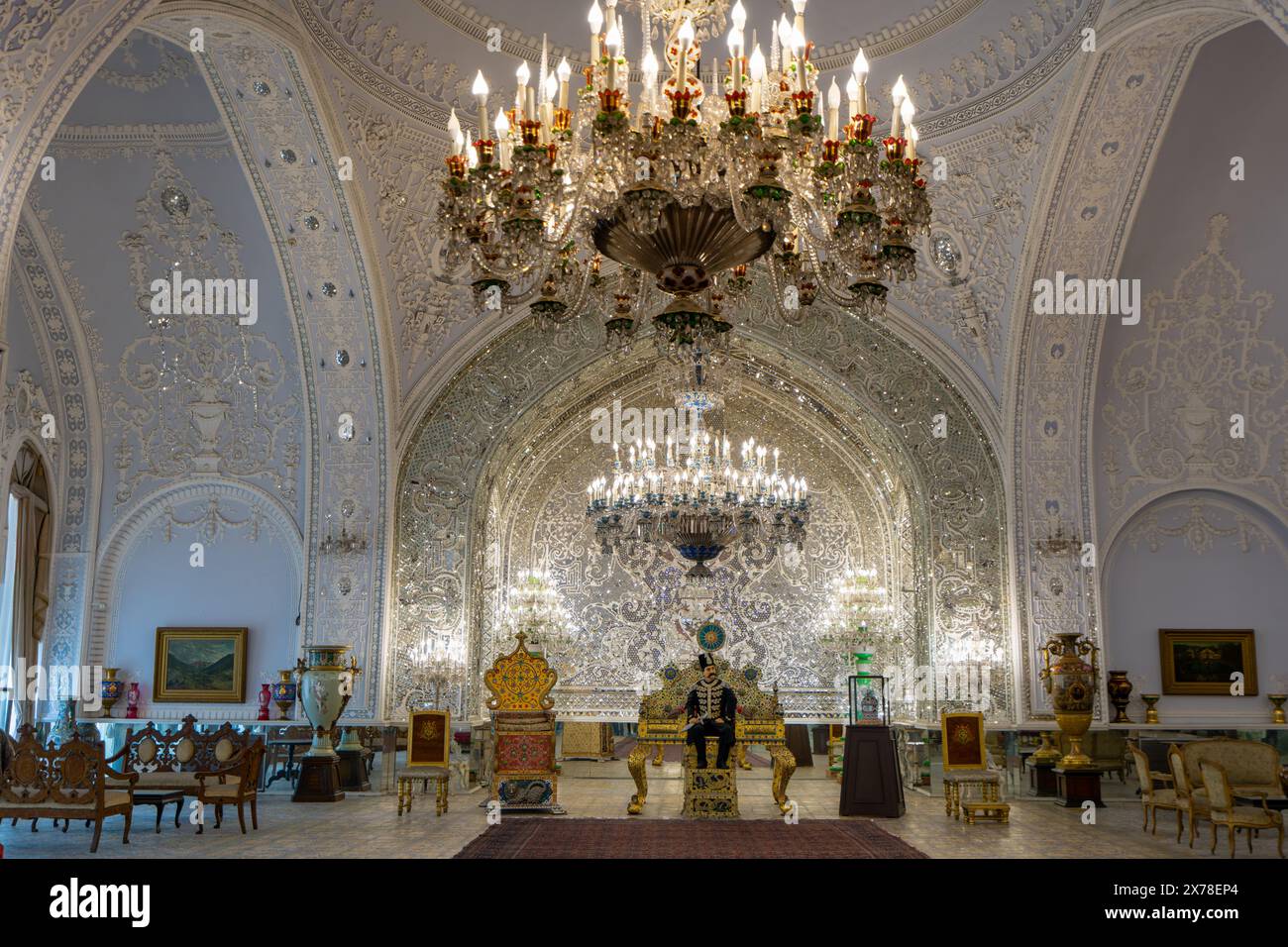Golestan Palace, Tehran, Iran March 7, 2024 The lavish hall features an intricate ceiling