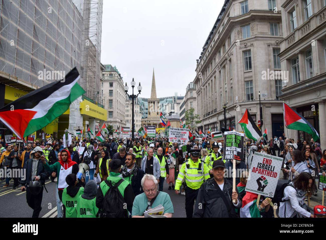 London, UK. 18th May 2024. Pro-Palestine protesters in Regent Street. Thousands of people marched in solidarity with Palestine on the 76th anniversary of the Nakba, as Israel continues its attacks on Gaza. Credit: Vuk Valcic/Alamy Live News Stock Photo