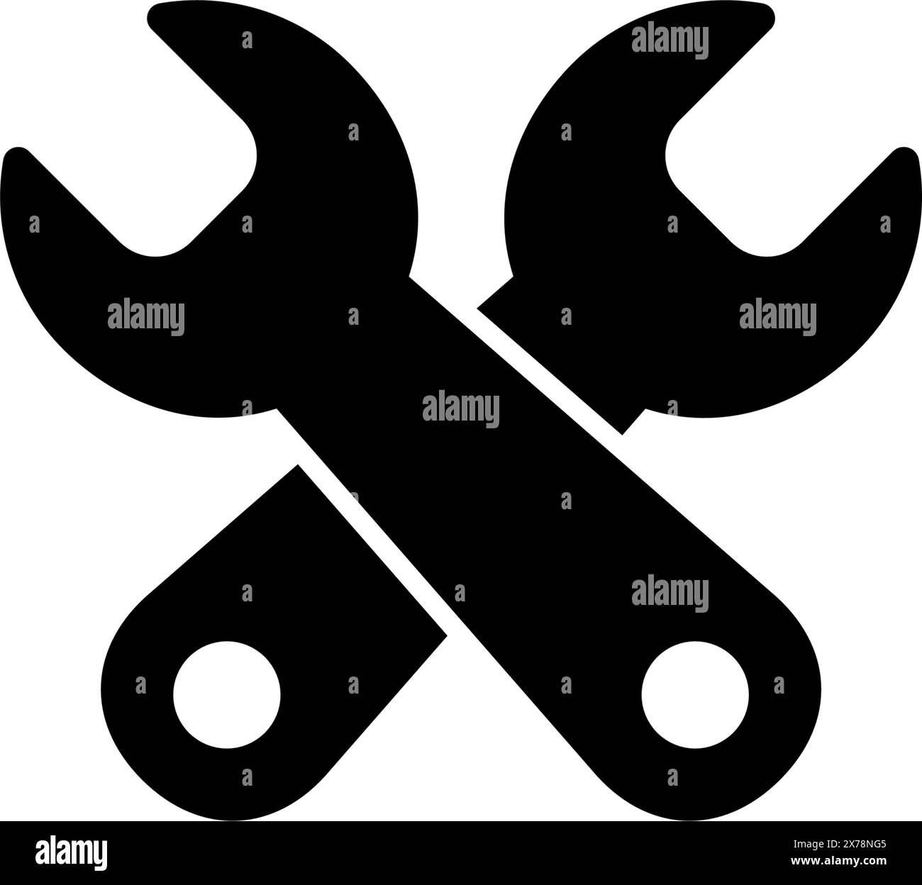 A simple black and white icon depicting two crossed wrenches