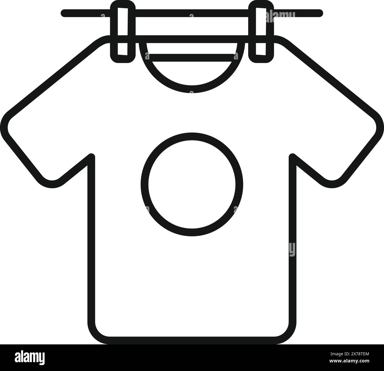 Minimalist black and white vector illustration of a tshirt hanging on a clothesline, representing the ecofriendly and simple act of linedrying clothing for freshness and care Stock Vector