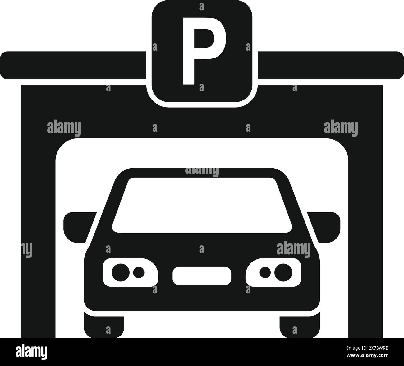 Black and white icon of a car under a parking sign, representing a