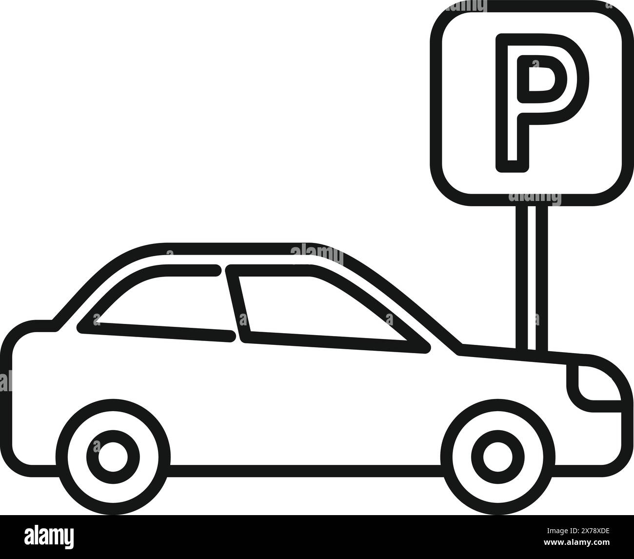 Black and white outline drawing of a sedan car parked next to a parking