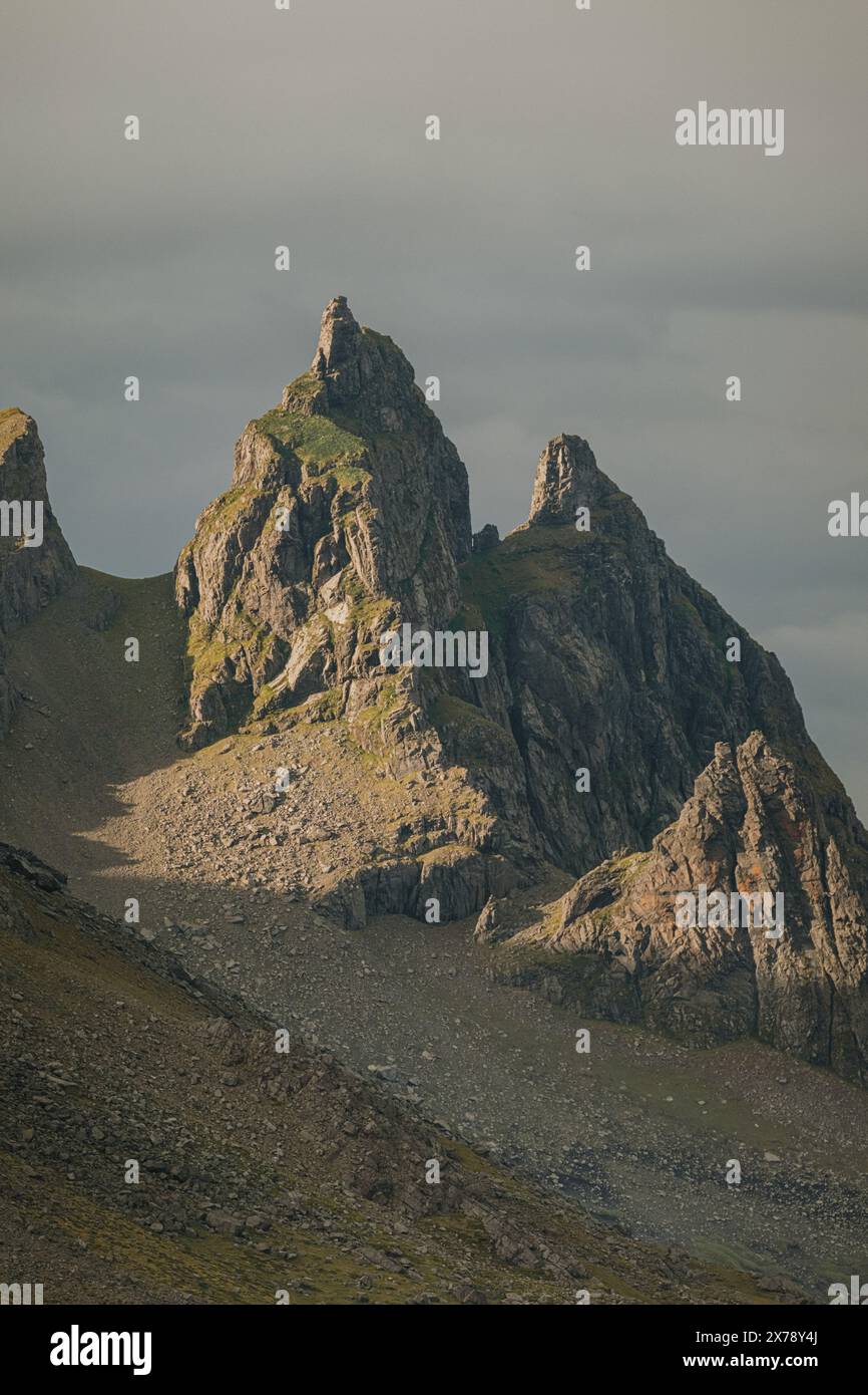 Close-up of jagged peaks of Brunnhorn mountain at Stokksnes beach, South East Iceland Stock Photo