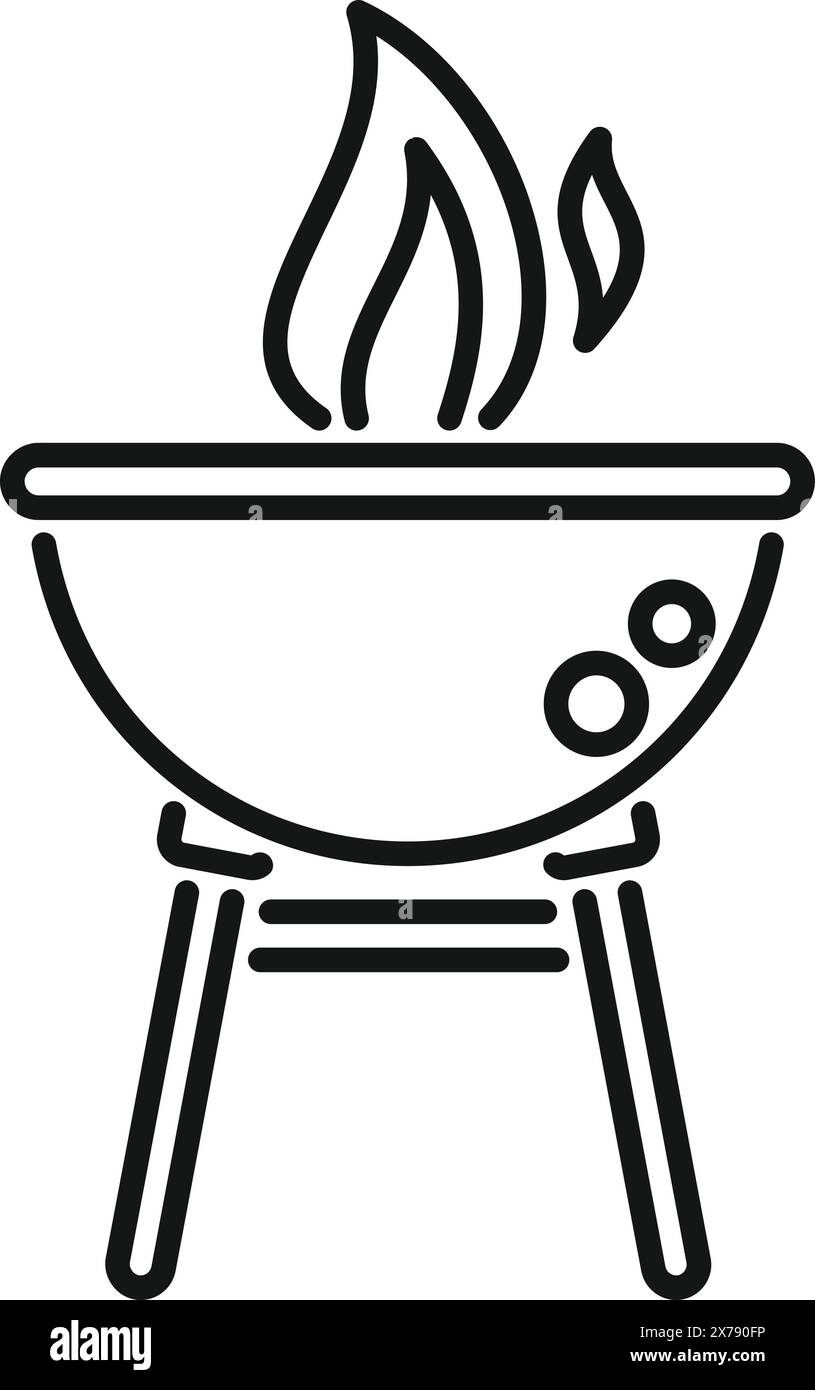 Simplistic black and white line art of a barbecue grill with flame ...