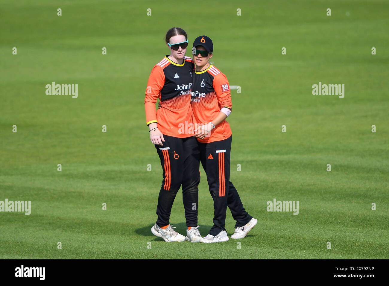 Southampton, UK, 18th May 2024. Kirstie Gordon (left) and Lucy Higham of The Blaze celebrates the wicket of Mary Taylor during the Charlotte Edwards Cup match between Southern Vipers and The Blaze at Utilita Bowl, Southampton. Credit: Dave Vokes/Alamy Live News Stock Photo
