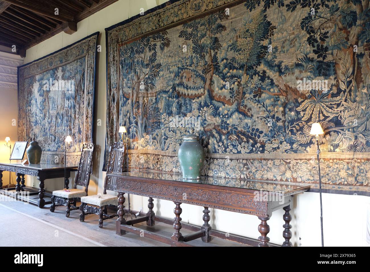Medieval wall hangings, tapestry, carpet, at Haddon Hall, Derbyshire, England Stock Photo