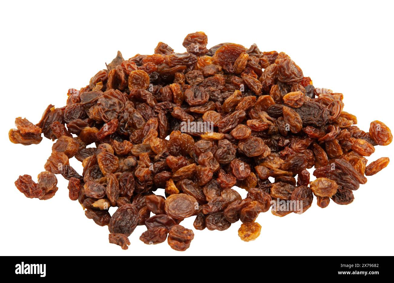 A bunch of brown shriveled sultanas on a white background. Dried grapes. Horizontal. Stock Photo