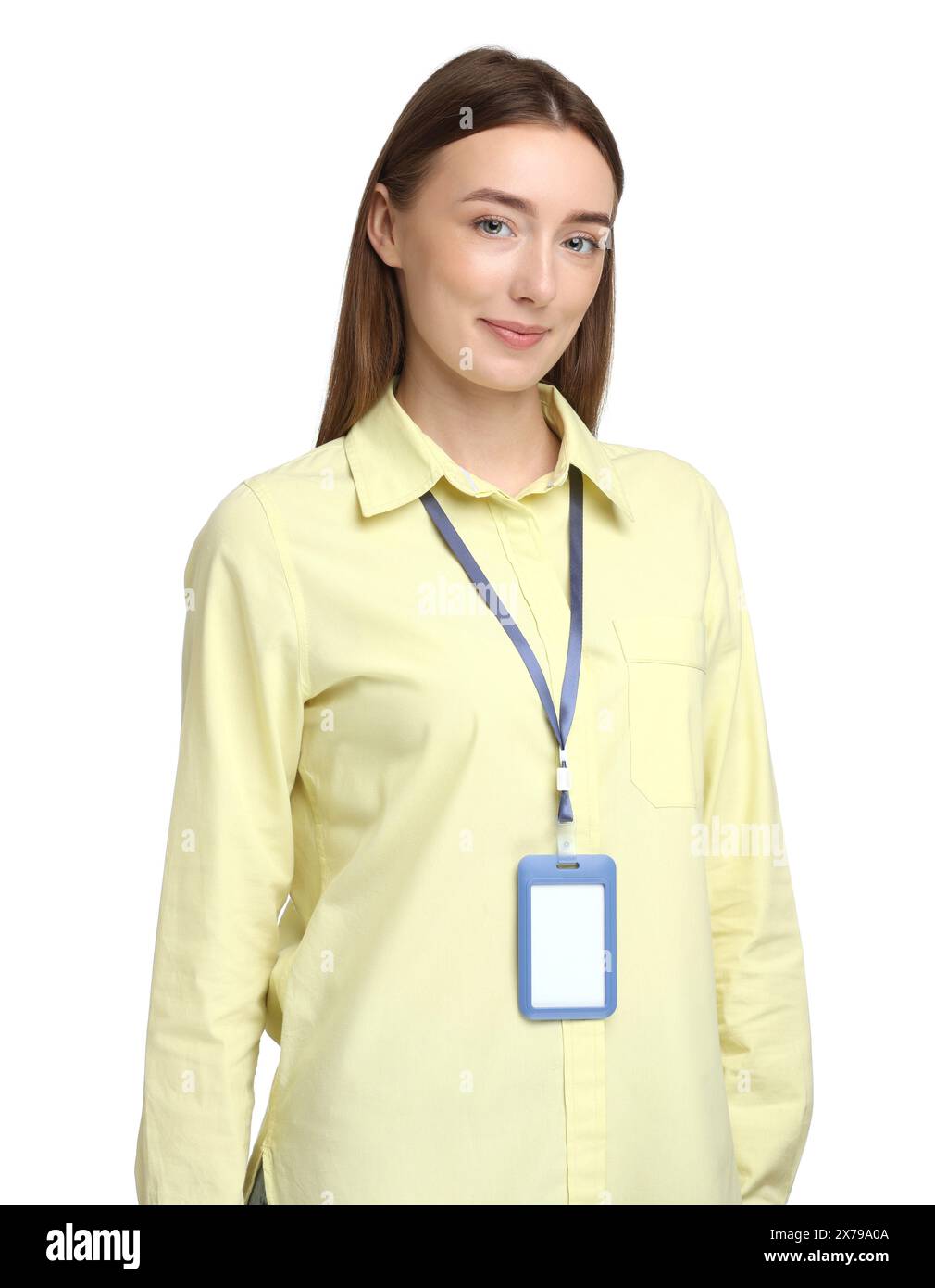 Woman with blank badge on white background Stock Photo - Alamy