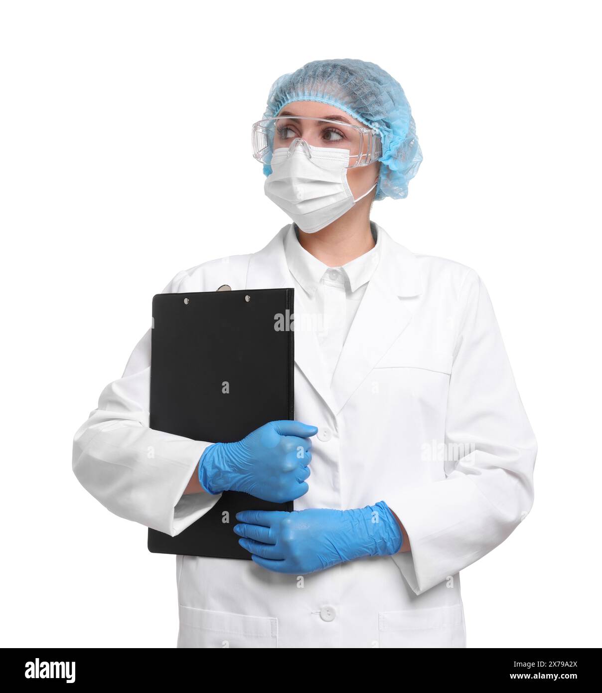Quality control. Food inspector with clipboard on white background ...