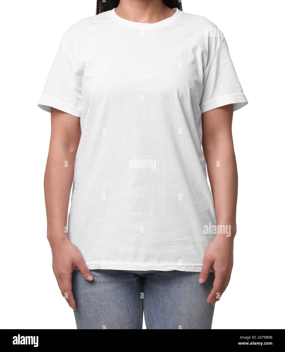 Woman wearing stylish t-shirt on white background, closeup Stock Photo