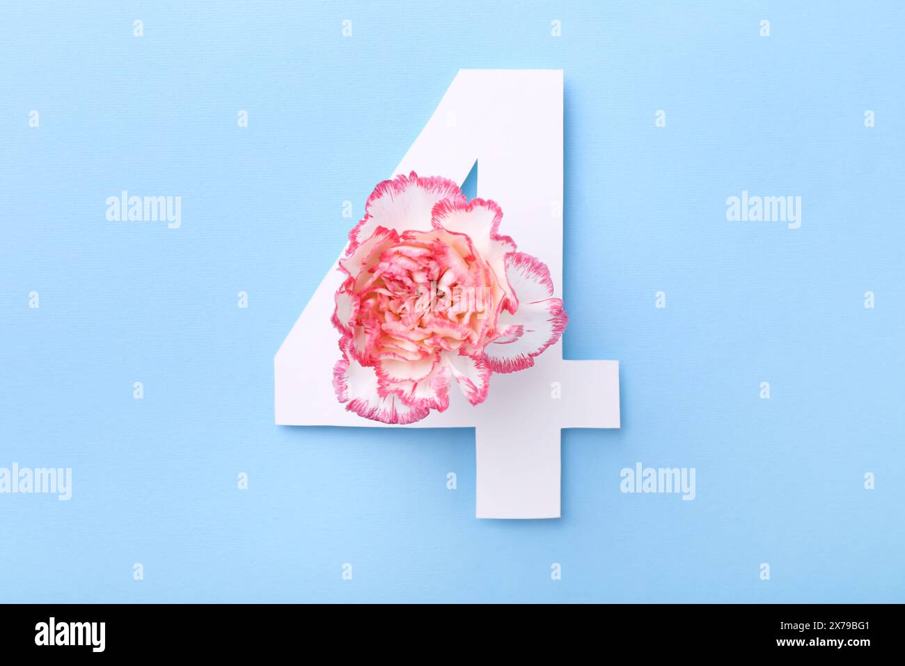 Paper number 4 and beautiful flower on light blue background, top view ...