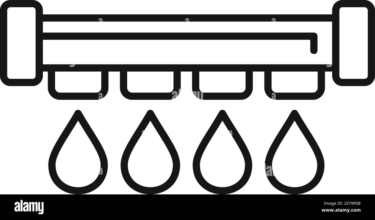 Black and white line art illustration of water dripping from a leaking pipe, flat style icon Stock Vector