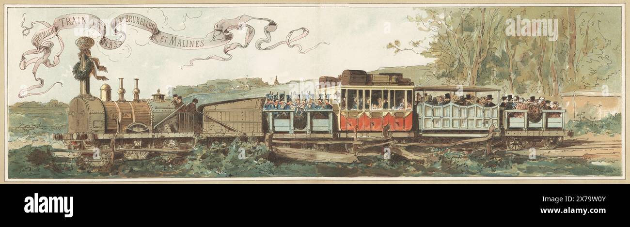 The first train between Brussels and Malines, 1835. The steam locomotive La Belge pulled a 1st Class diligence, 2nd Class char-a-bancs, and two 3rd Class wagons. Premier Train de 183 entre Bruxelles et Malines. Chromolithograph after an illustration by Armand Jean Heins from Edmond Cattier’s Cortege Historique des Moyens de Transport, Historical Cortege of Modes of Transport, Libraire Universelle de Veuve J. Rozez, Brussels, 1886. Stock Photo