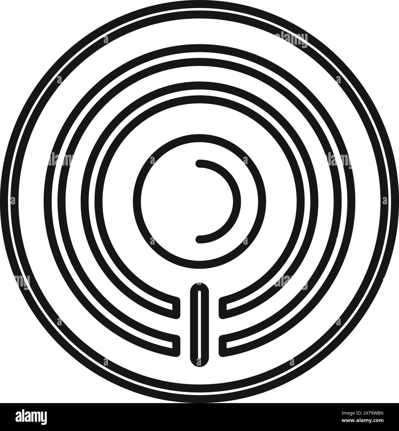 Intricate and detailed abstract circular maze design with black and white concentric paths, offering a complexity challenge and brain teaser for problem solving and decision making Stock Vector