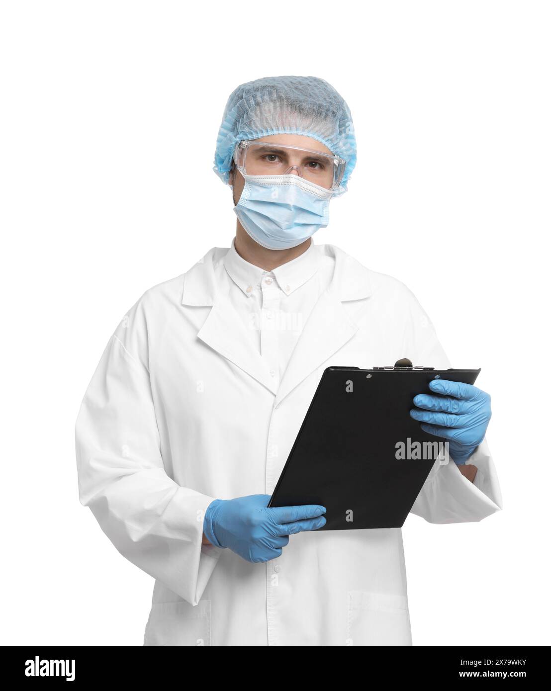 Quality control. Food inspector with clipboard on white background ...