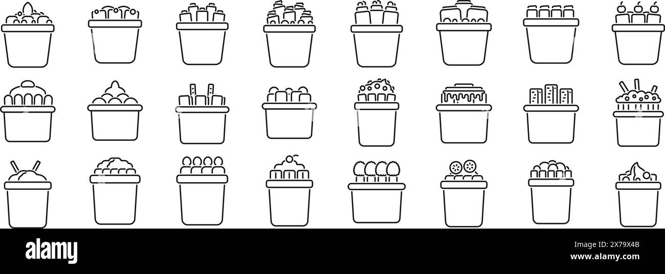 Stir fried ice cream outline vector icons. A series of white boxes with various items inside. The boxes are arranged in a grid pattern. Scene is that of a grocery store or a market Stock Vector